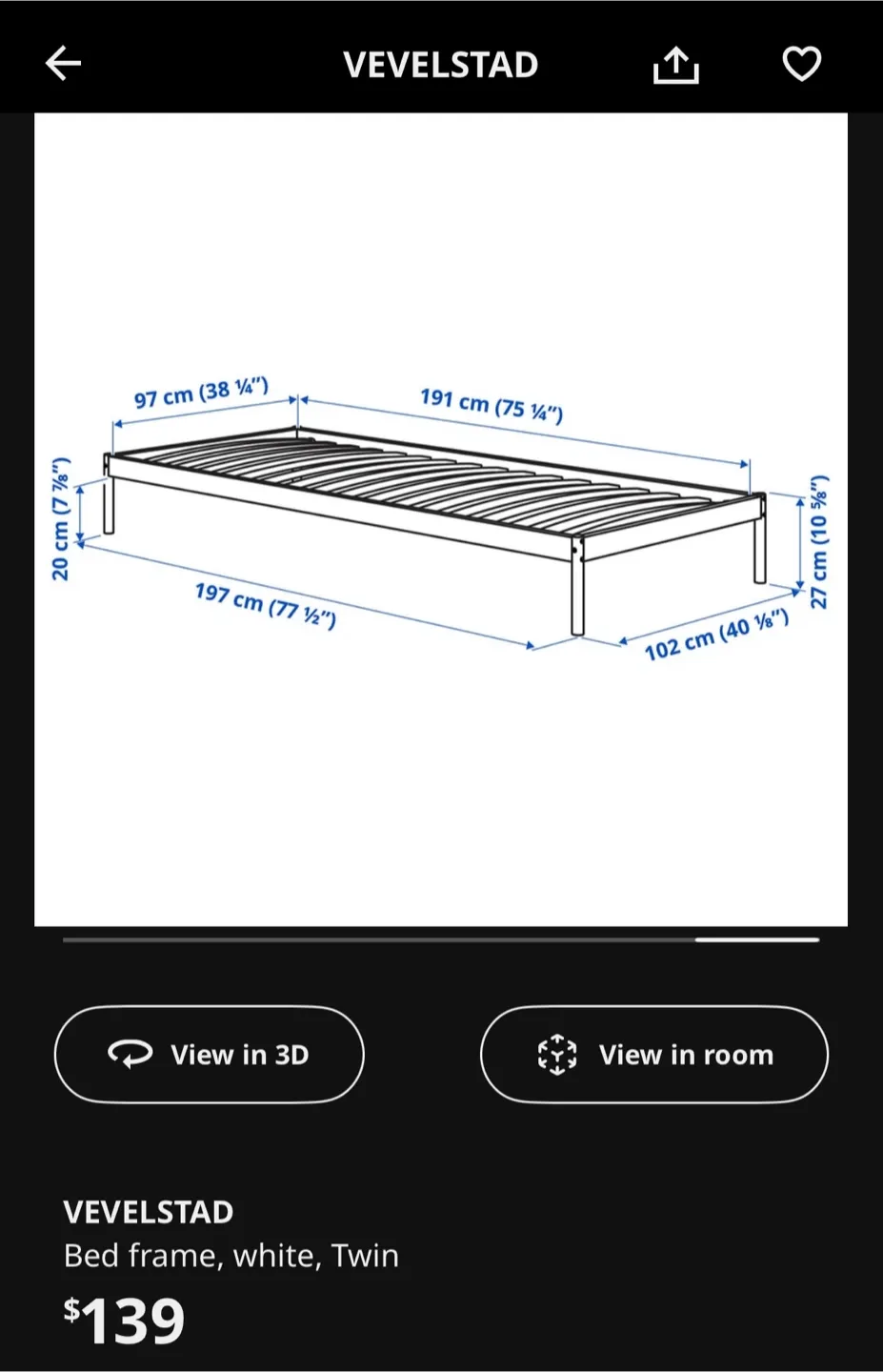 IKEA White Bed Frame VEVELSTAD with Slats image indicator(9)