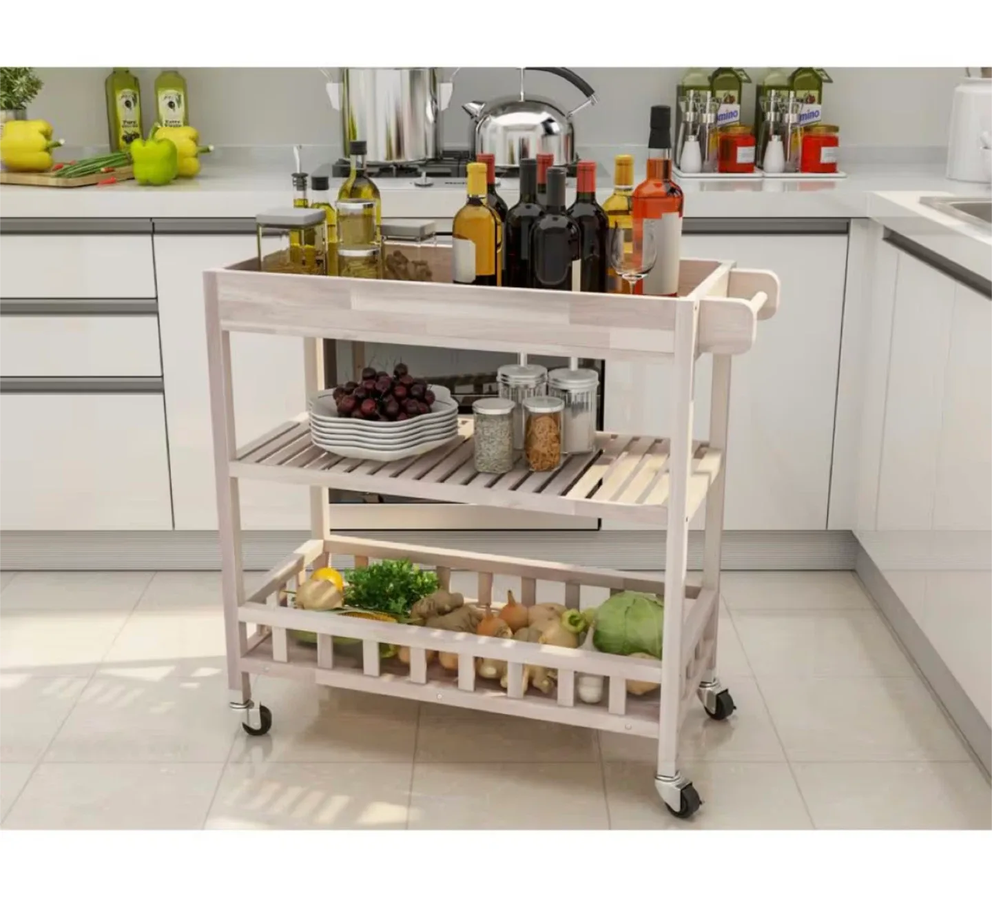 Rolling Kitchen Cart Island - Whitewashed Wood image indicator(2)