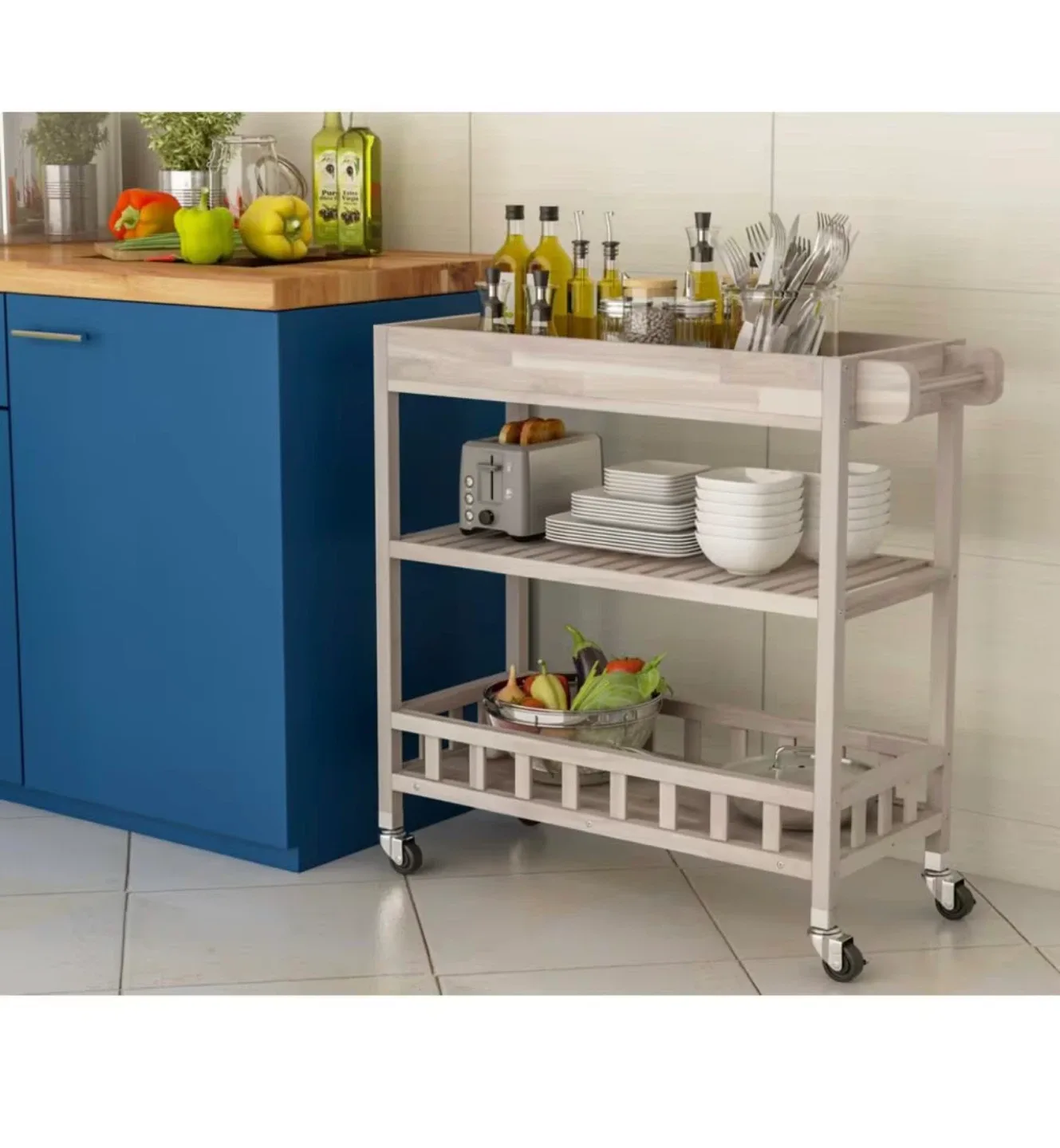 Rolling Kitchen Cart Island - Whitewashed Wood image indicator(3)