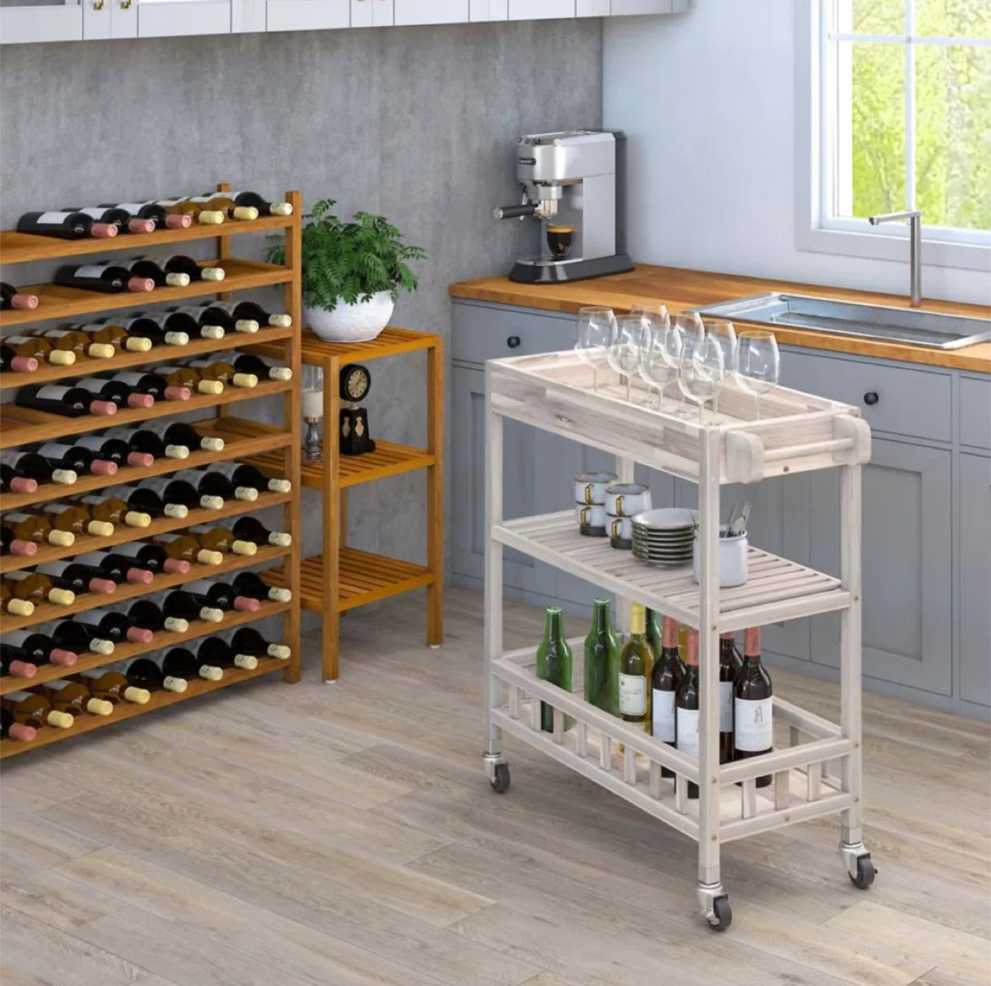 Rolling Kitchen Cart Island - Whitewashed Wood