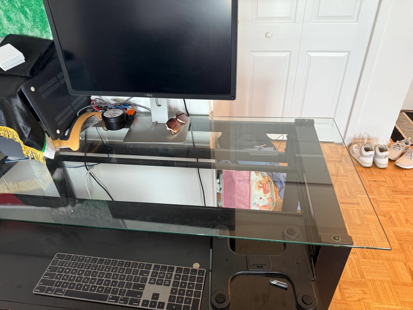Black Leather Office Chair & Glass Top Desk