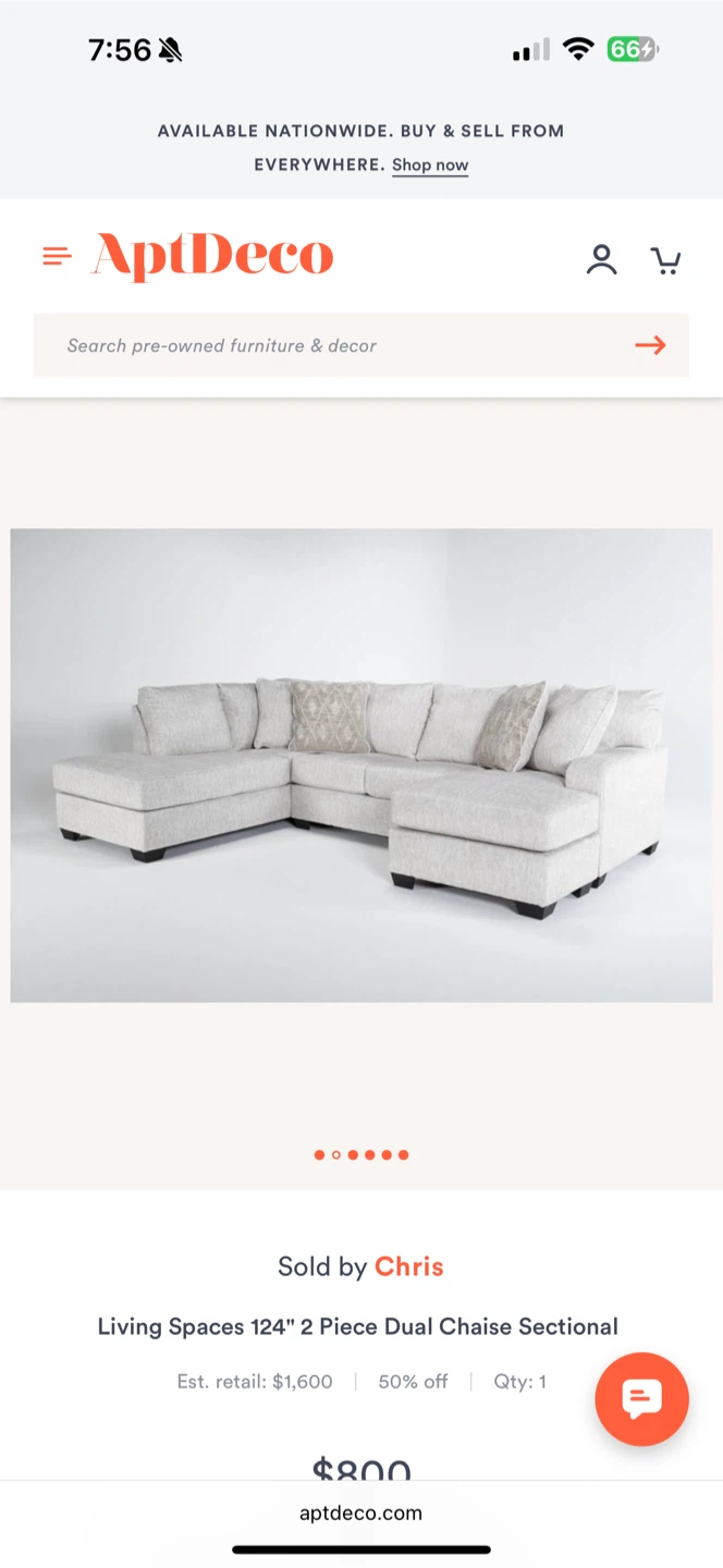 Living Spaces 124" 2pc Dual Chaise Sectional Sofa Cream Beige
