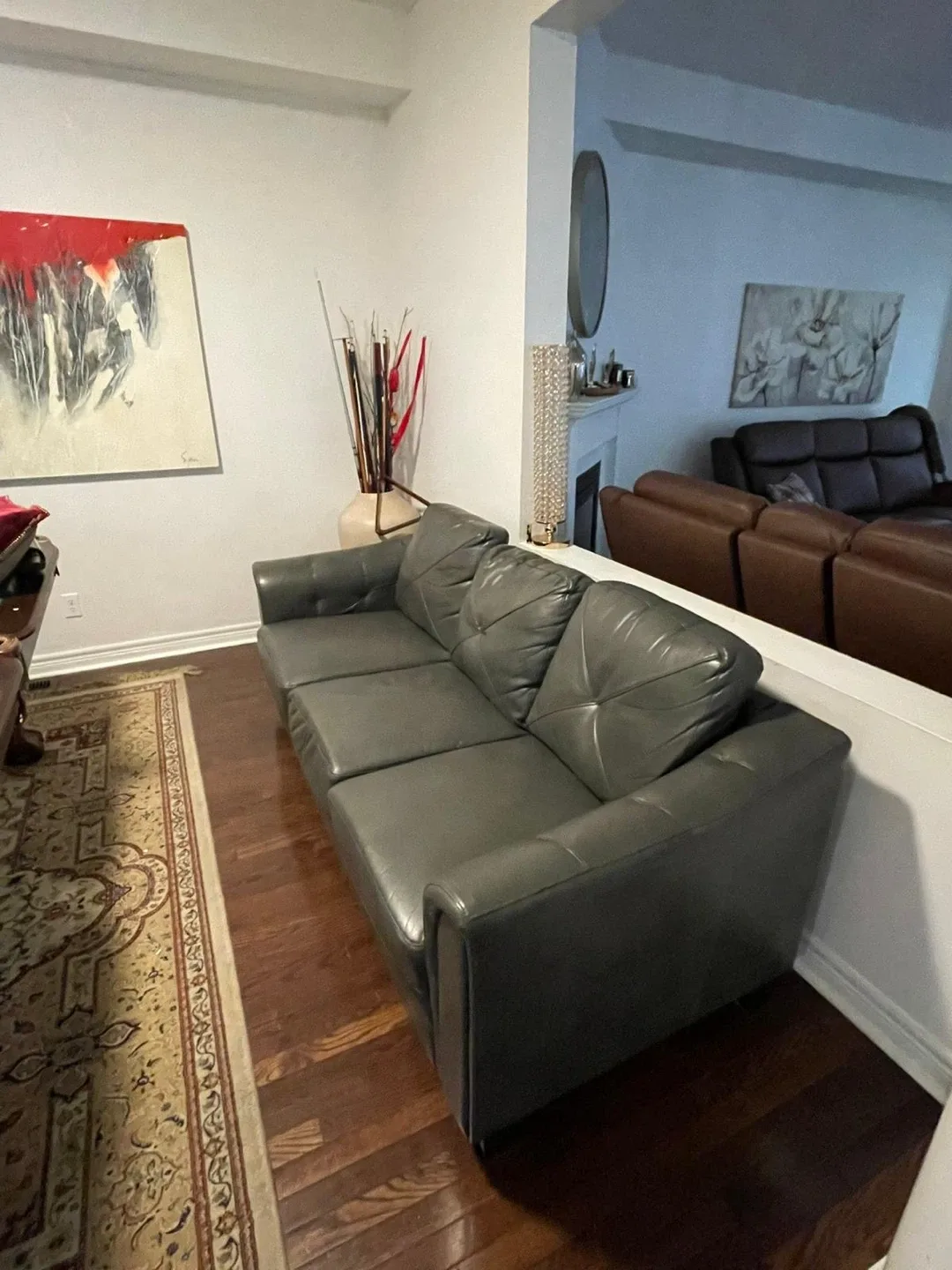 Dark Brown Wood Coffee Table & Grey Leather Sofa Set