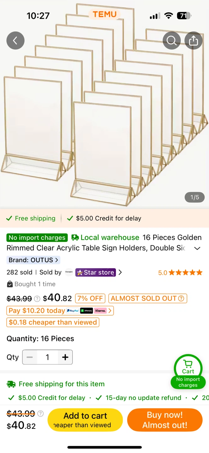 OUTUS 16-Piece Golden Rimmed Acrylic Table Sign Holders