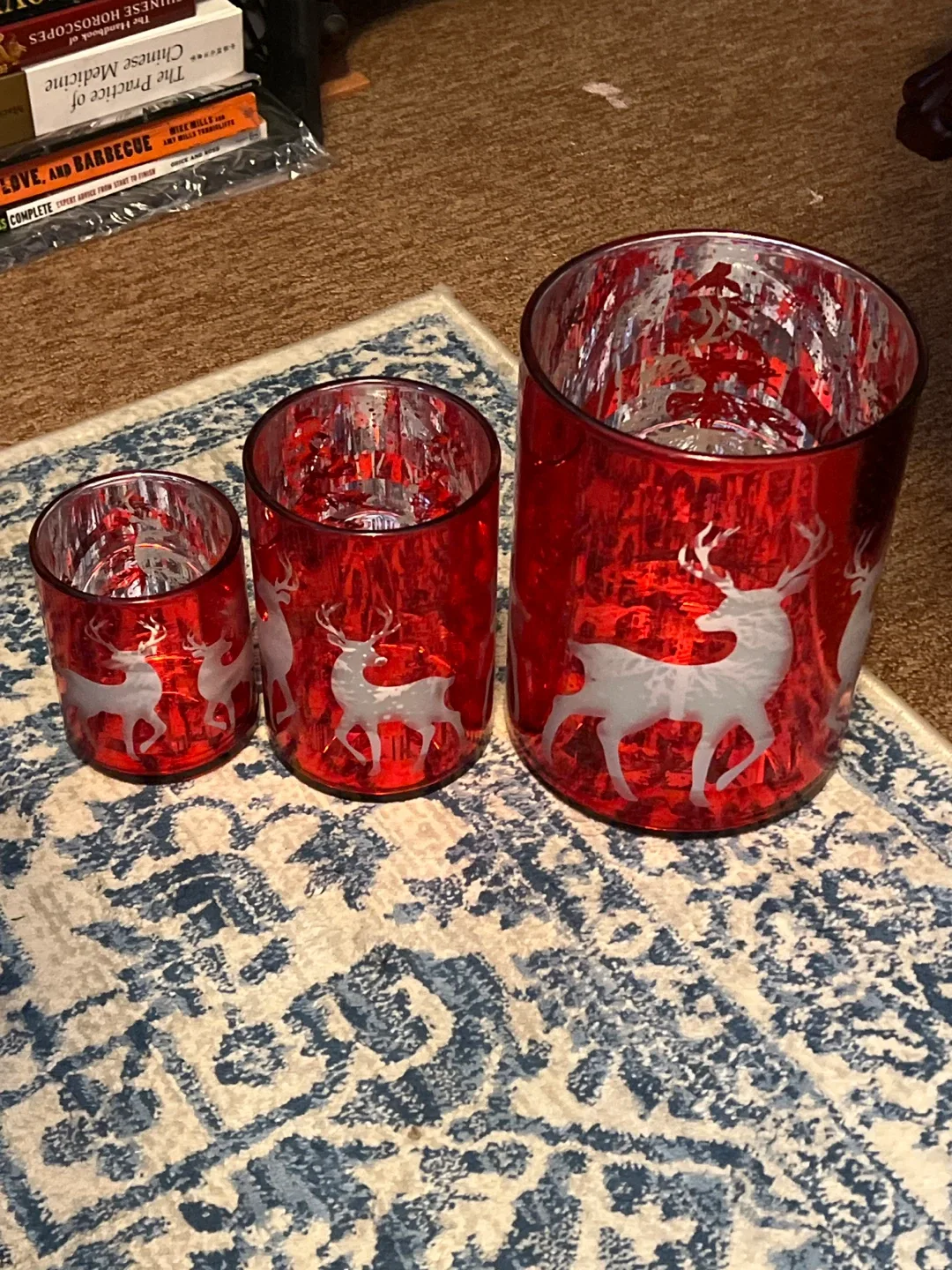 Red Mercury Glass Candle Holders with Deer