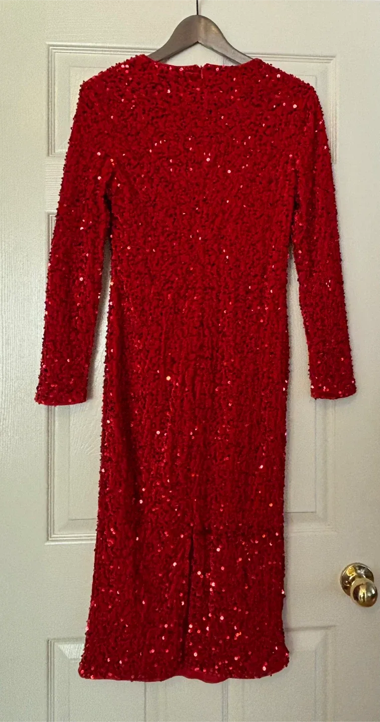 Red Sequins Long Sleeve Midi Dress thumbnail