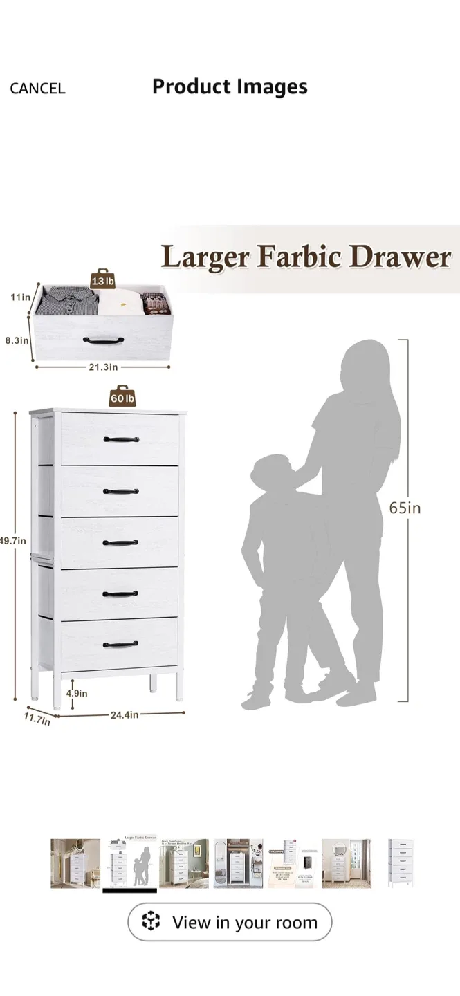 White Fabric Drawer Dresser - 5 Drawer Chest