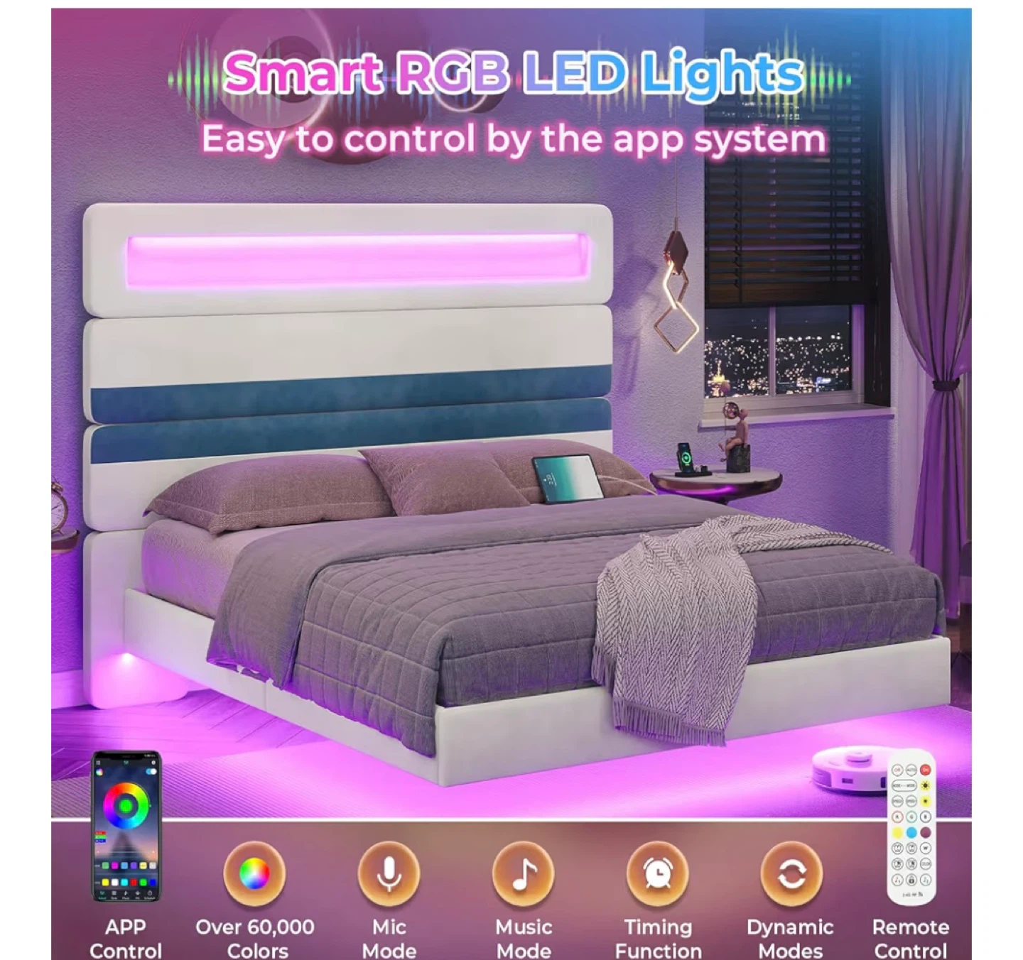 Smart RGB LED Bed Frame with Charging Station - photo 2