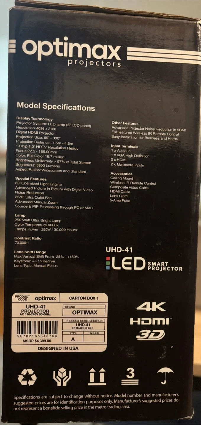 Optimax UHD-41 LED 4K HDMI Smart Projector + Self Lock Screen image indicator(5)