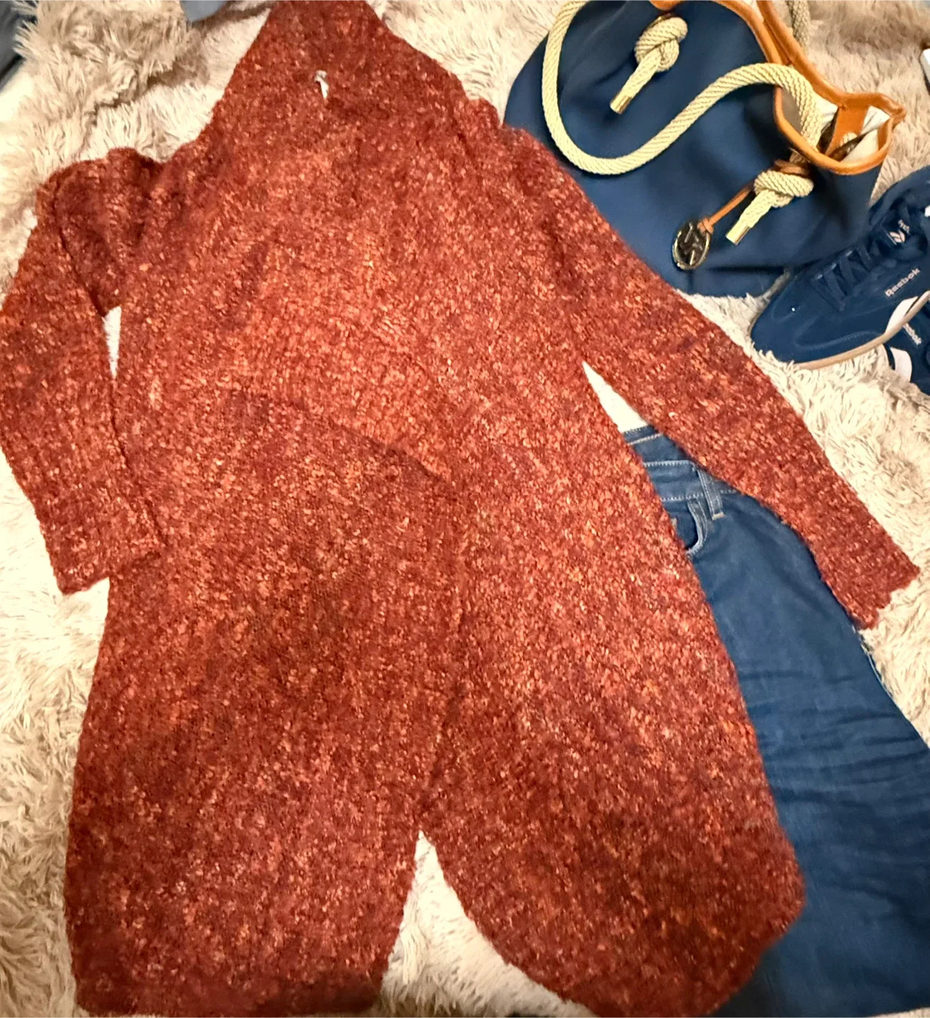 Knitted Open Front Cardigan - Rust Coloured thumbnail