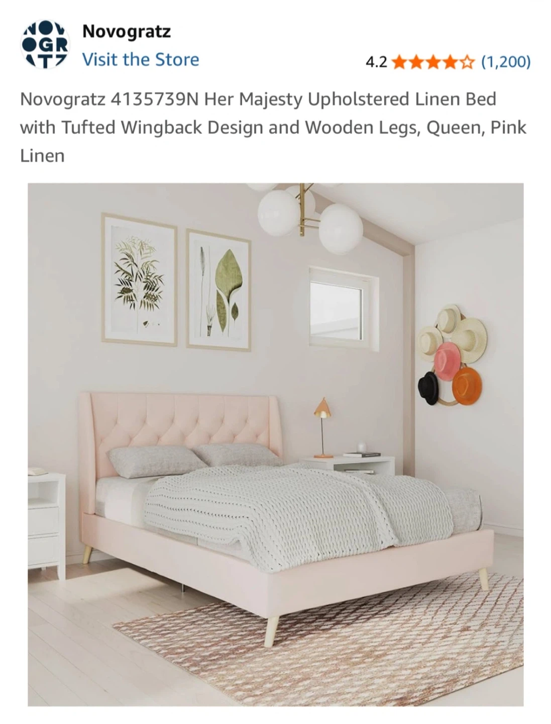 Novogratz Queen Pink Linen Bed Frame - MUST GO ASAP