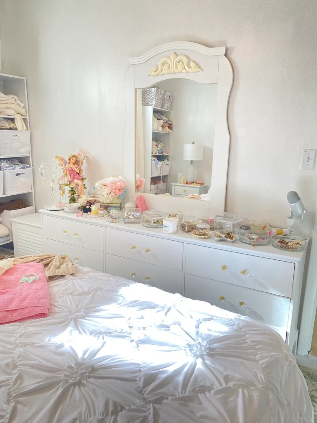 Long white solid wood antique dresser with Mirror thumbnail
