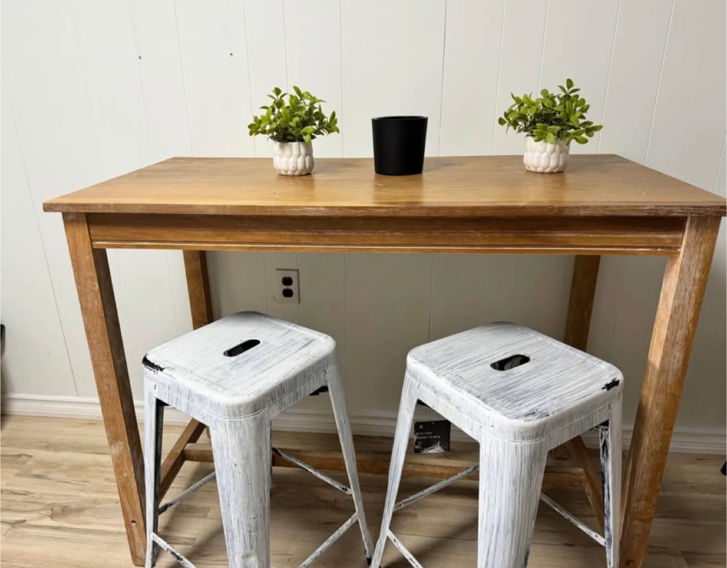 Wooden Table with Two Metal Stools