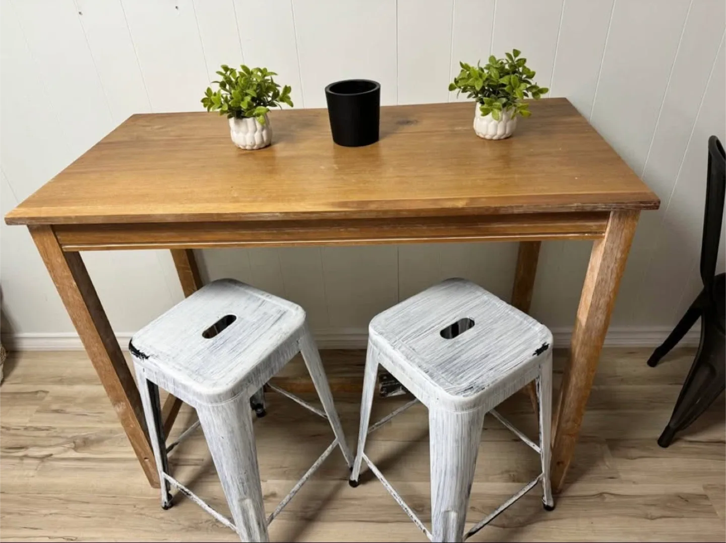 Wooden Table with Two Metal Stools image indicator(2)