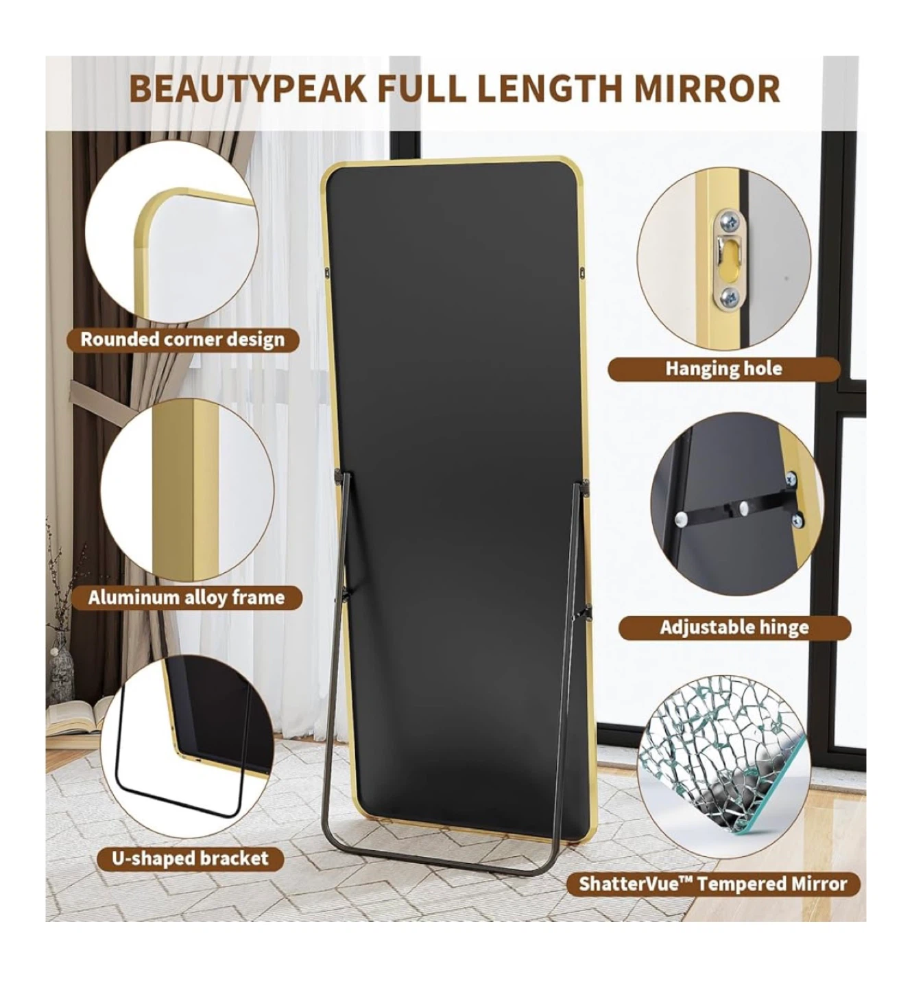 Beautypeak Full Length Gold Mirror 21x56 inch - photo 3