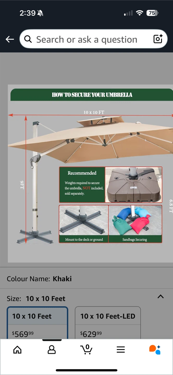 10x10 ft Khaki Cantilever Patio Umbrella - photo 4