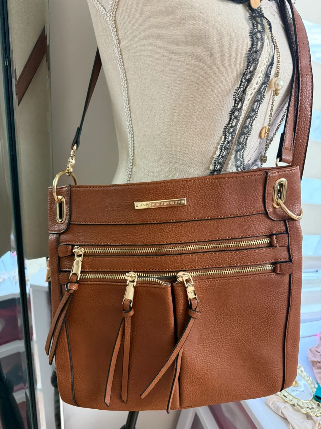 Poppy & Peonies Brown Crossbody Bag