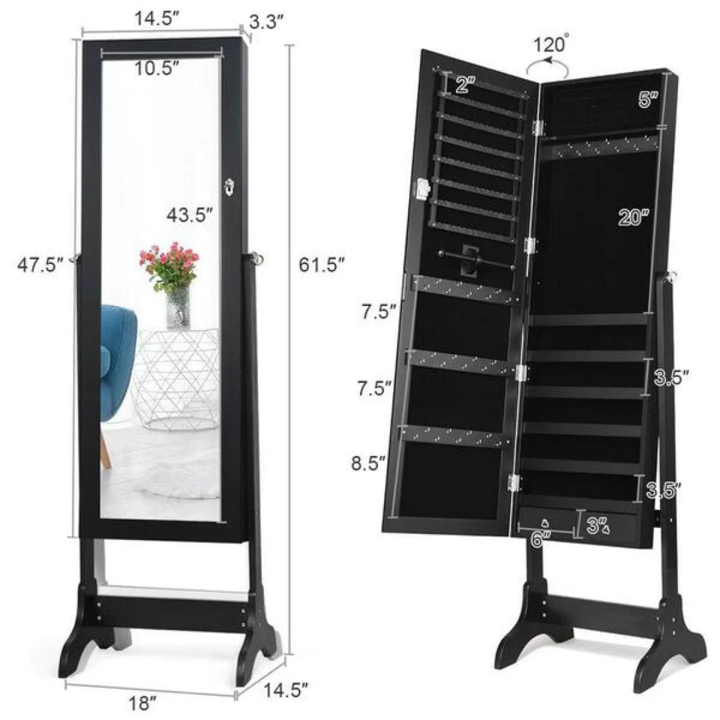 Standing Black Jewelry Armoire Mirror image indicator(3)