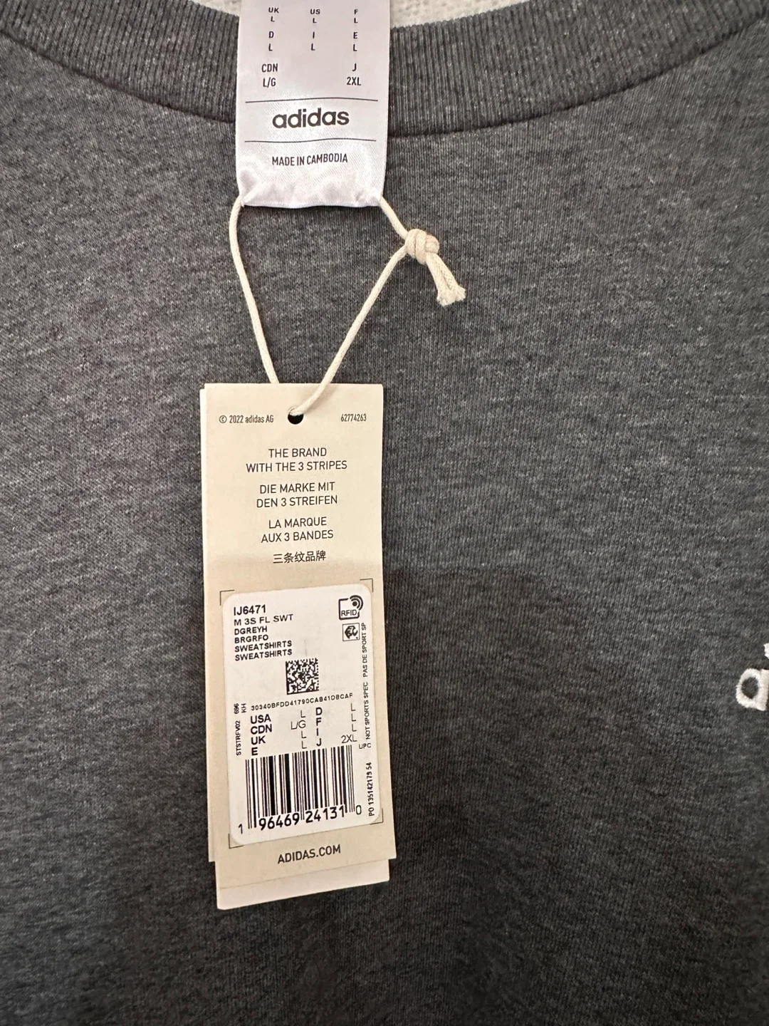 New Adidas 3-Stripes Grey Sweatshirt - Size Large image indicator(4)