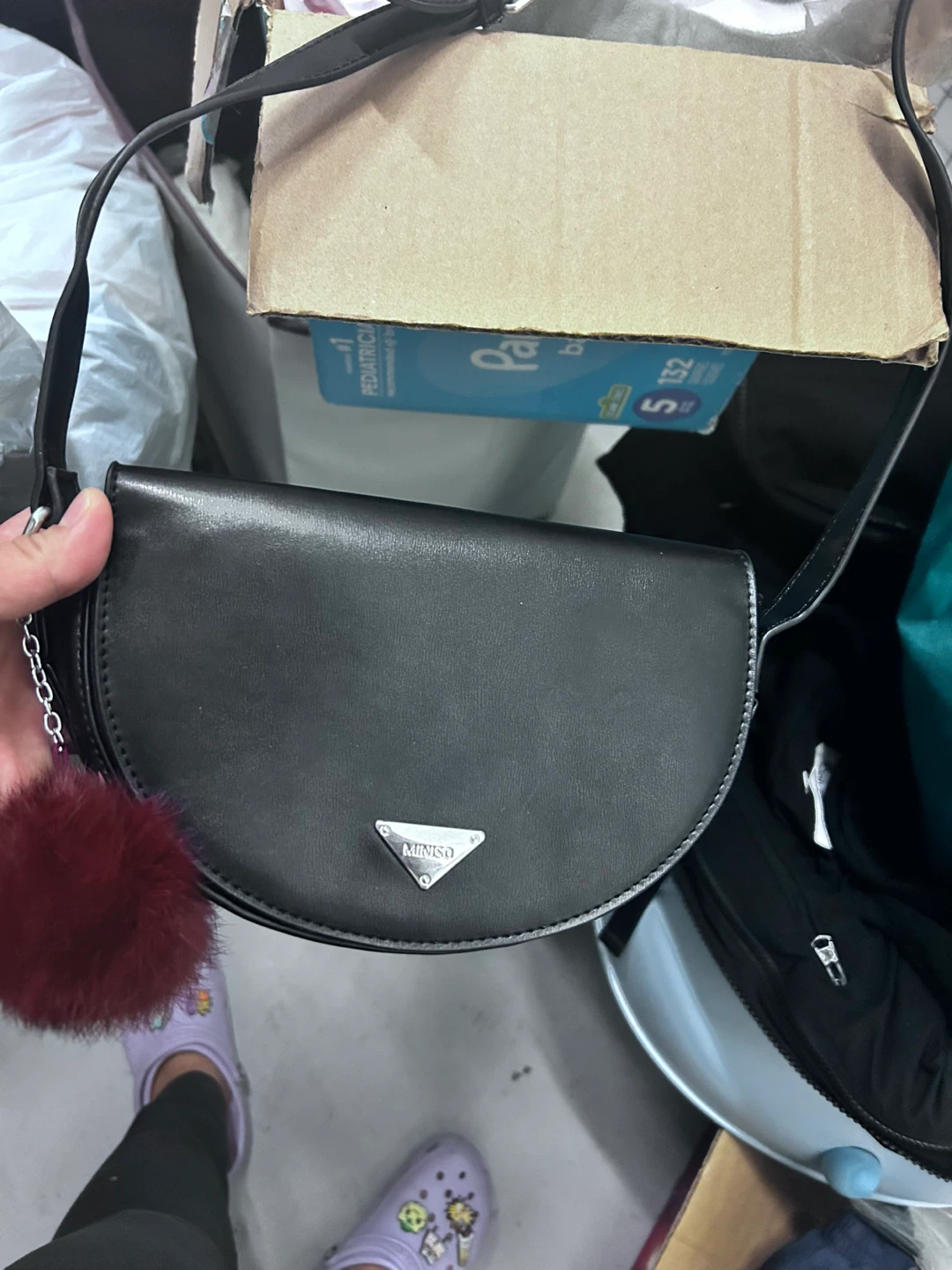 Miniso Black Crossbody Bag with Pom-Pom