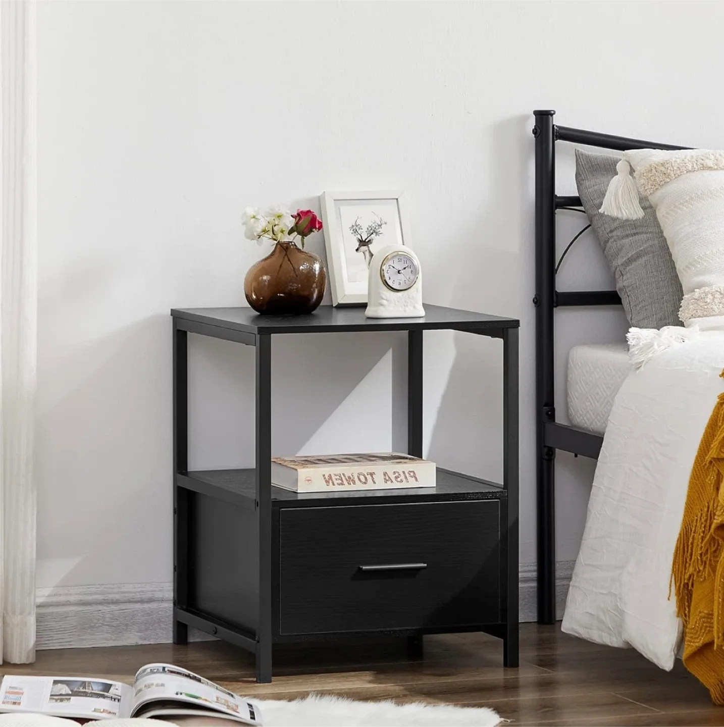 Black Nightstand with Drawer, 15.7x15.7x22 in