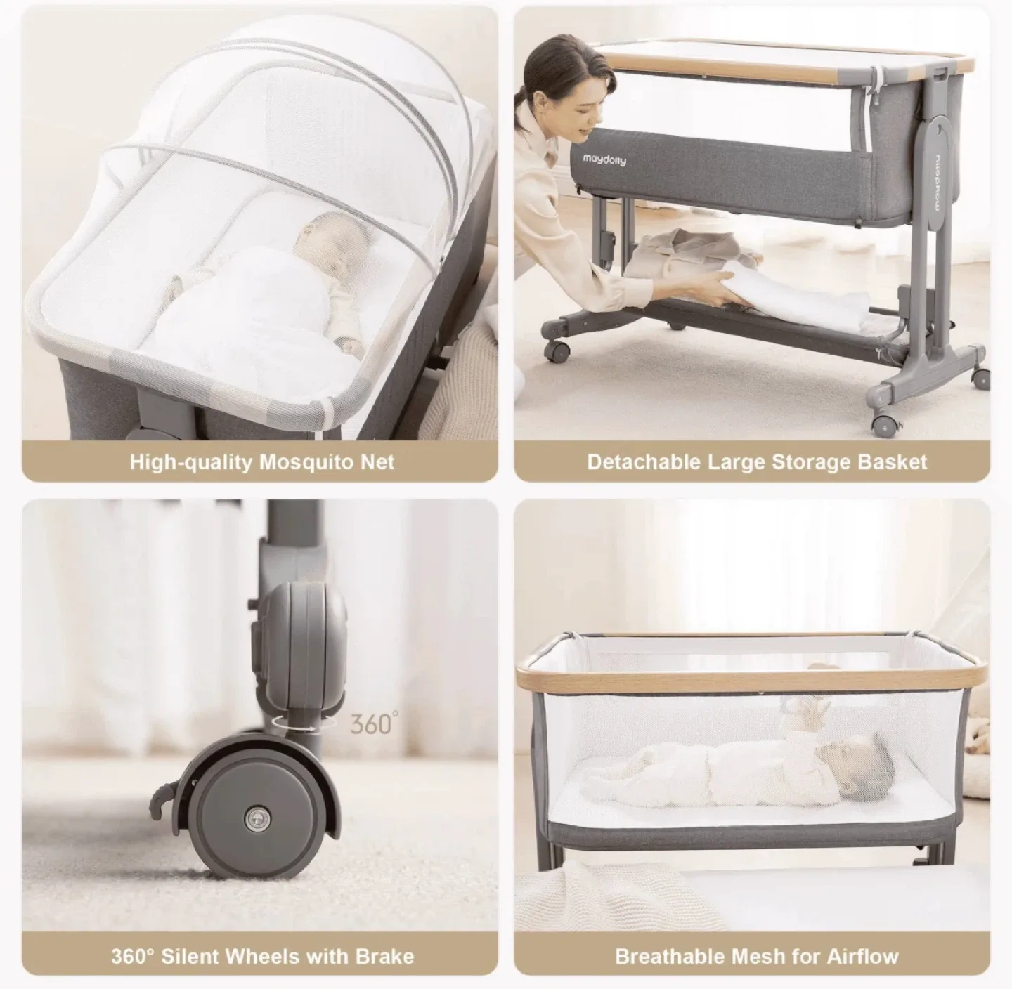 Maydolly Multifunctional Bedside Crib - Grey image indicator(7)