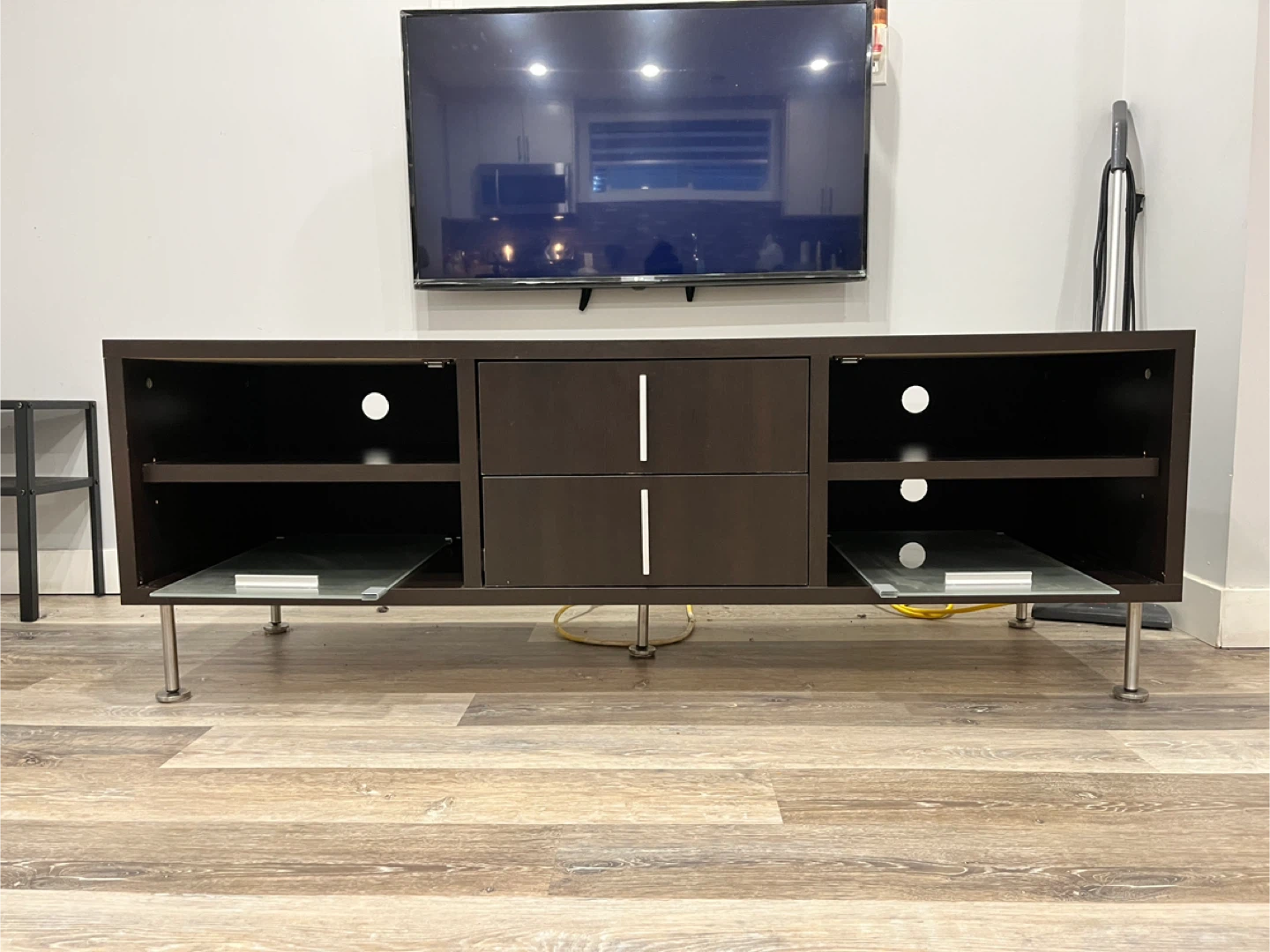 Brown TV Stand with Glass Shelves