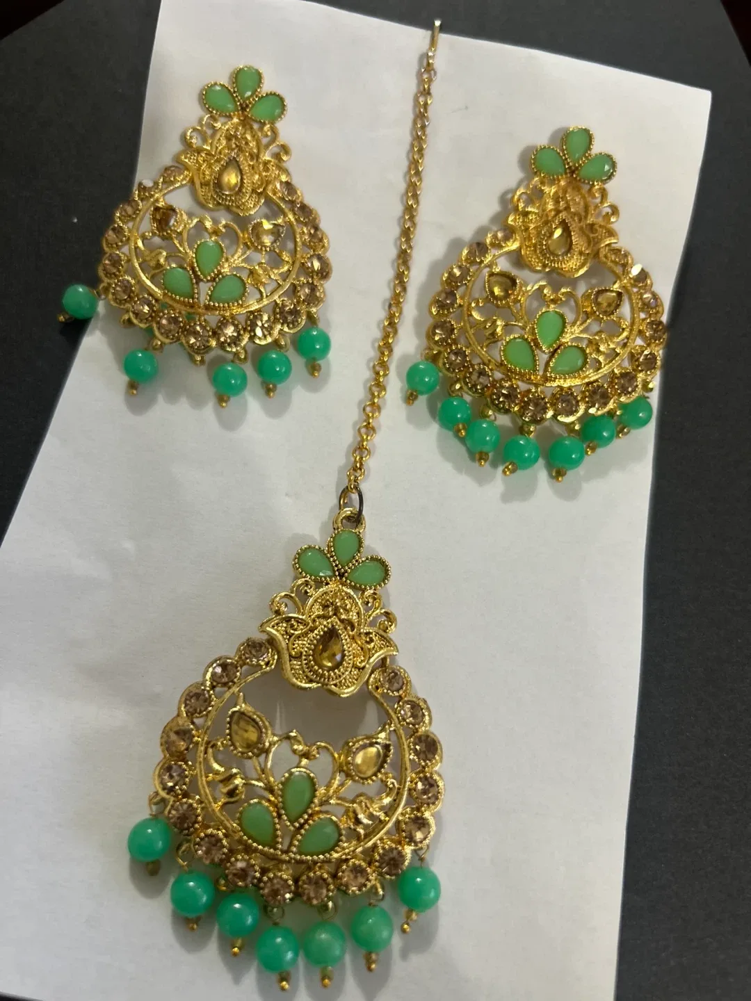 Gold-tone Earrings & Tikka Set - Green Accents thumbnail