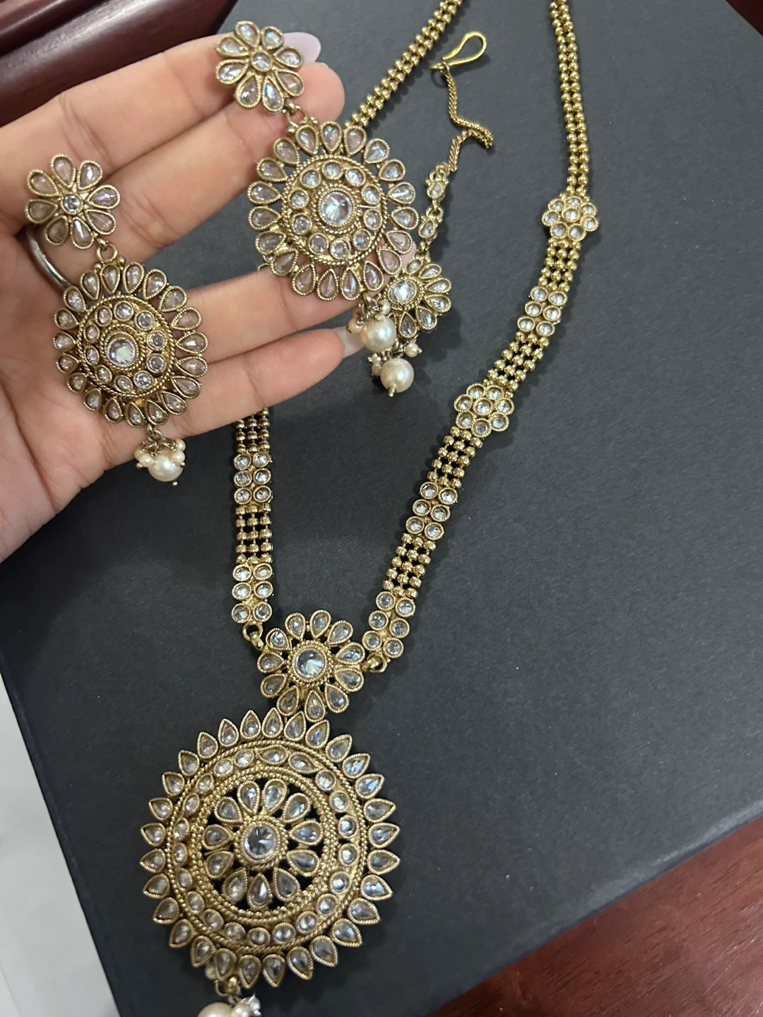 Gold-toned Necklace, Tikka and Earring Set