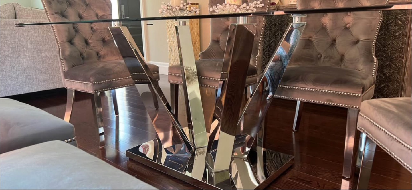 Elegant Glass Dining Table Set. Chrome Base + 6 Velvet Chairs - photo 3