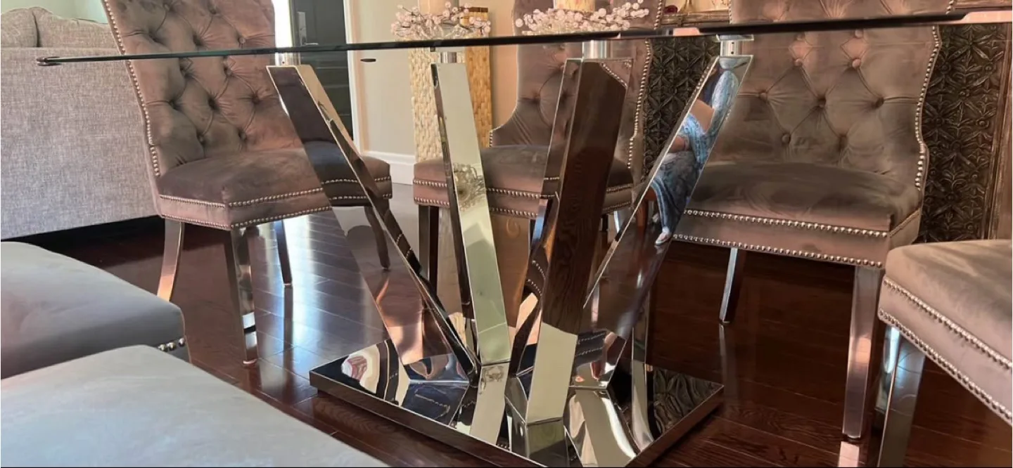 Elegant Glass Dining Table Set. Chrome Base + 6 Velvet Chairs image indicator(3)