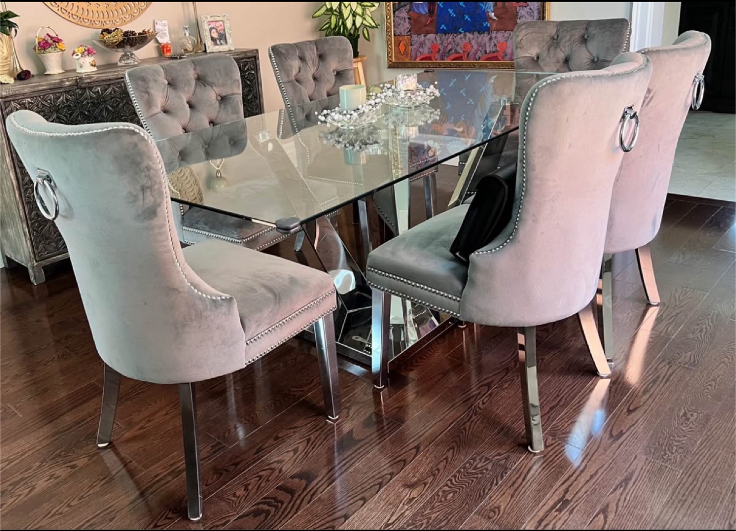 Elegant Glass Dining Table Set. Chrome Base + 6 Velvet Chairs