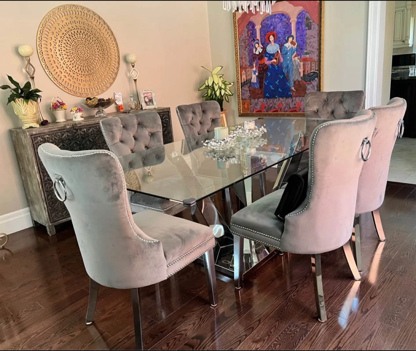 Elegant Glass Dining Table Set. Chrome Base + 6 Velvet Chairs image indicator(5)