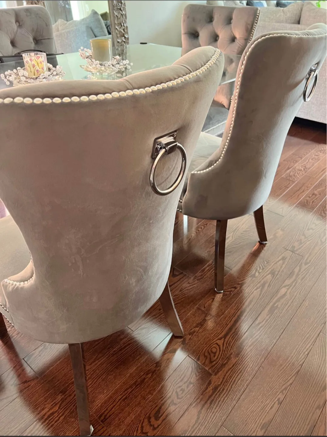 Elegant Glass Dining Table Set. Chrome Base + 6 Velvet Chairs image indicator(2)