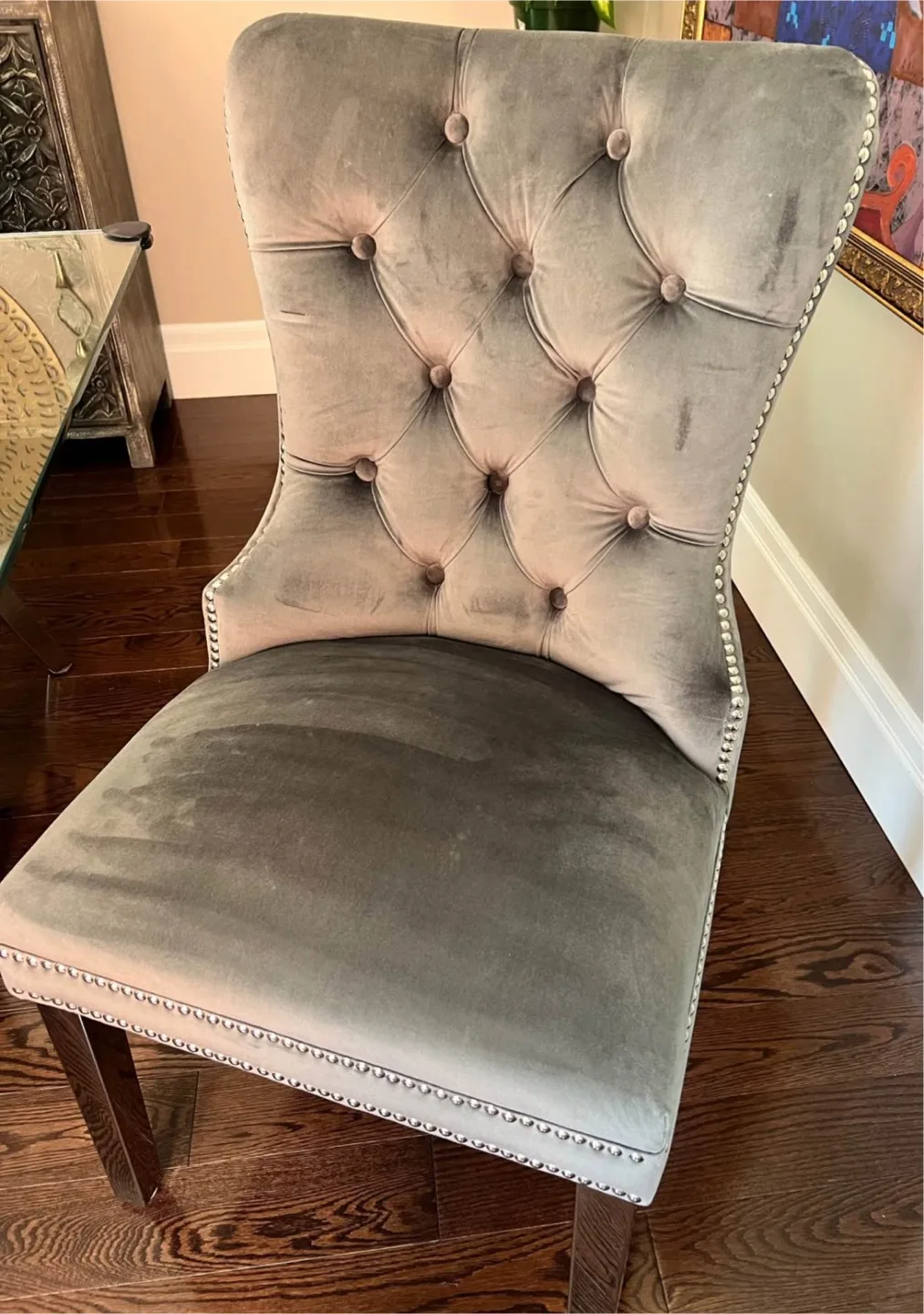 Elegant Glass Dining Table Set. Chrome Base + 6 Velvet Chairs image indicator(4)