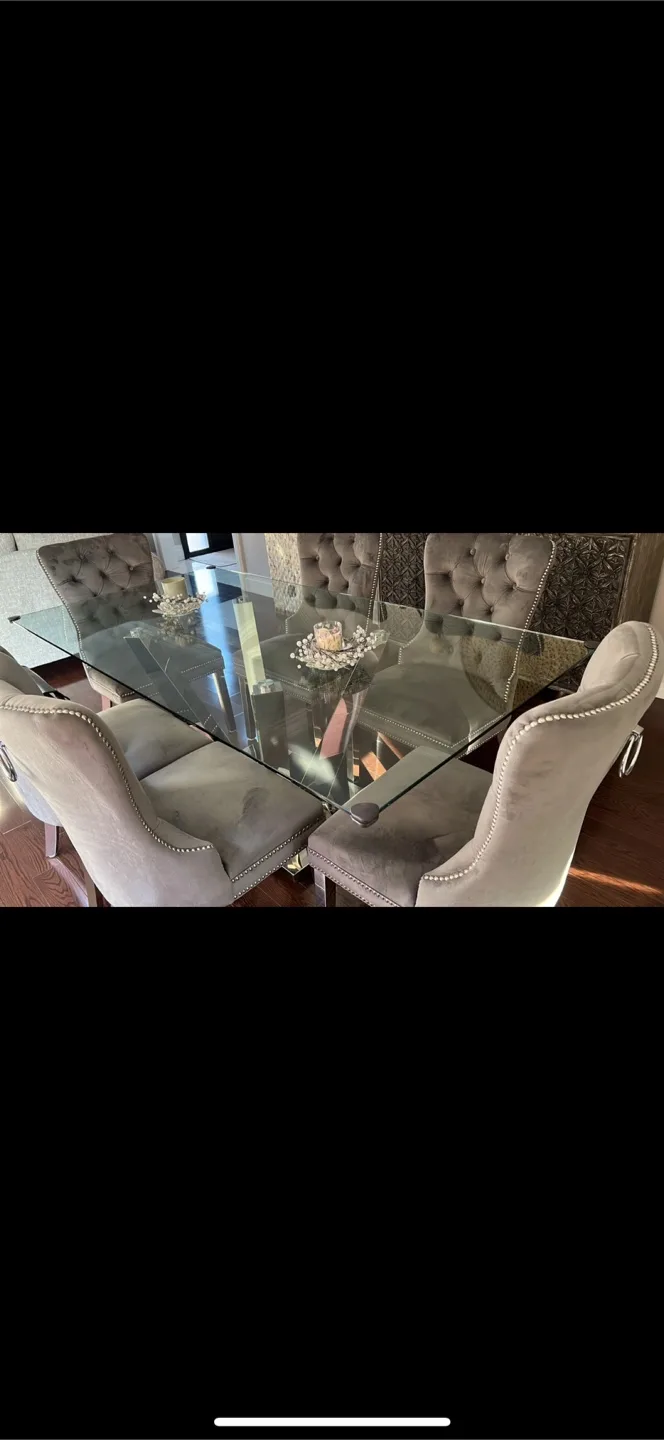 Elegant Glass Dining Table Set. Chrome Base + 6 Velvet Chairs image indicator(9)