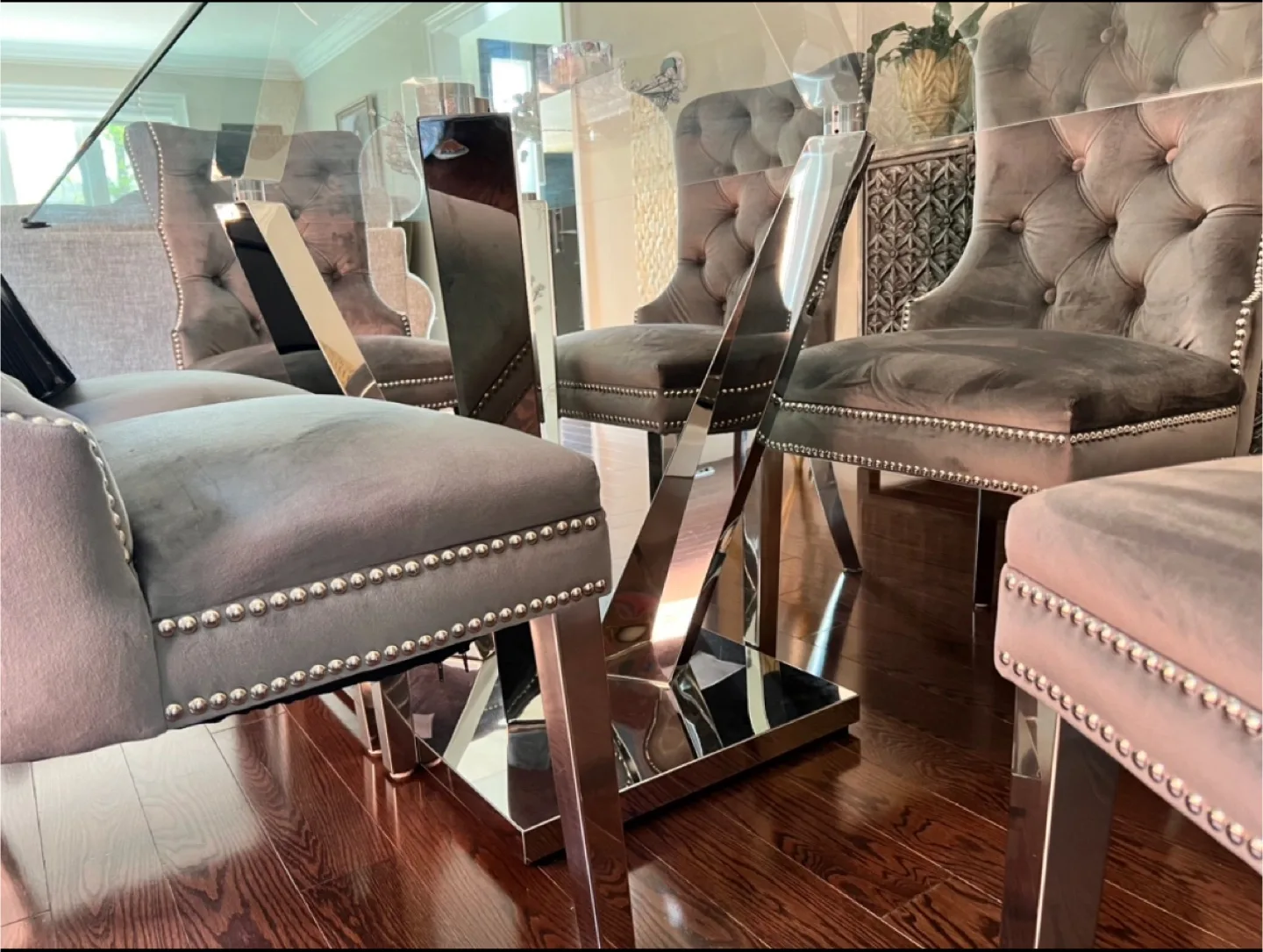 Elegant Glass Dining Table Set. Chrome Base + 6 Velvet Chairs image indicator(8)