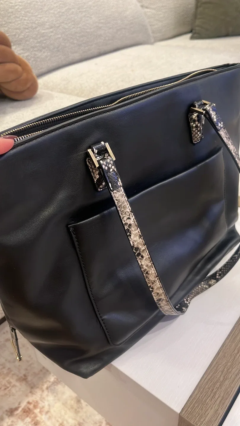 Black Tote Bag with Snake Print Straps image indicator(3)