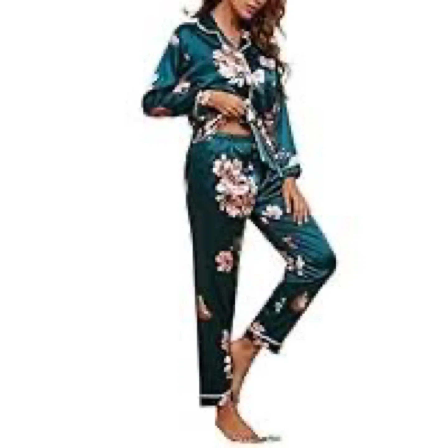 Floral Satin Pajama Set - Green image indicator(3)