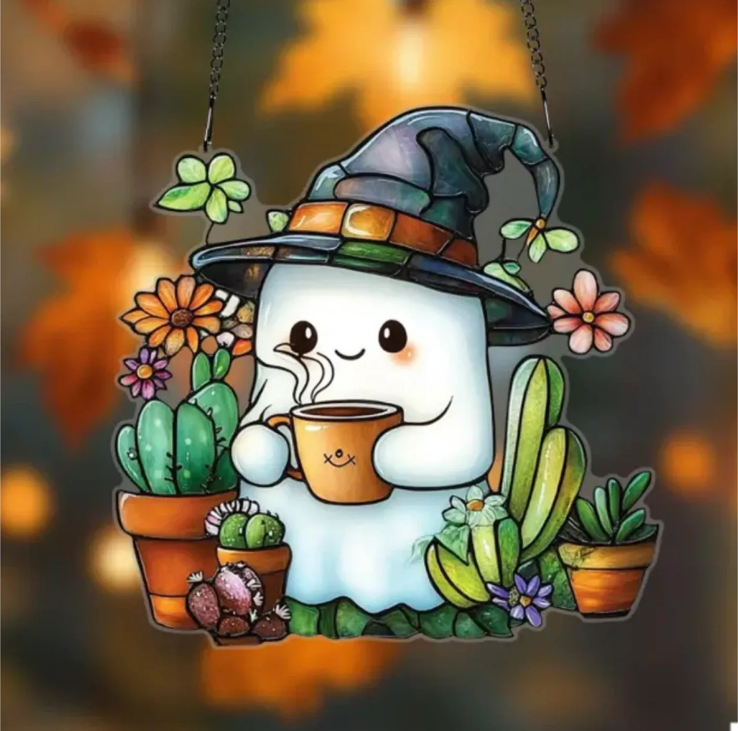 2D Halloween acrylic  sun catcher, reading ghost, new