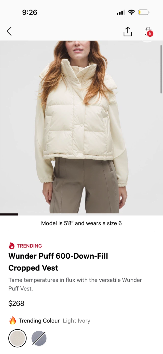 Lululemon Wunder Puff Cropped Vest - Bone size 4