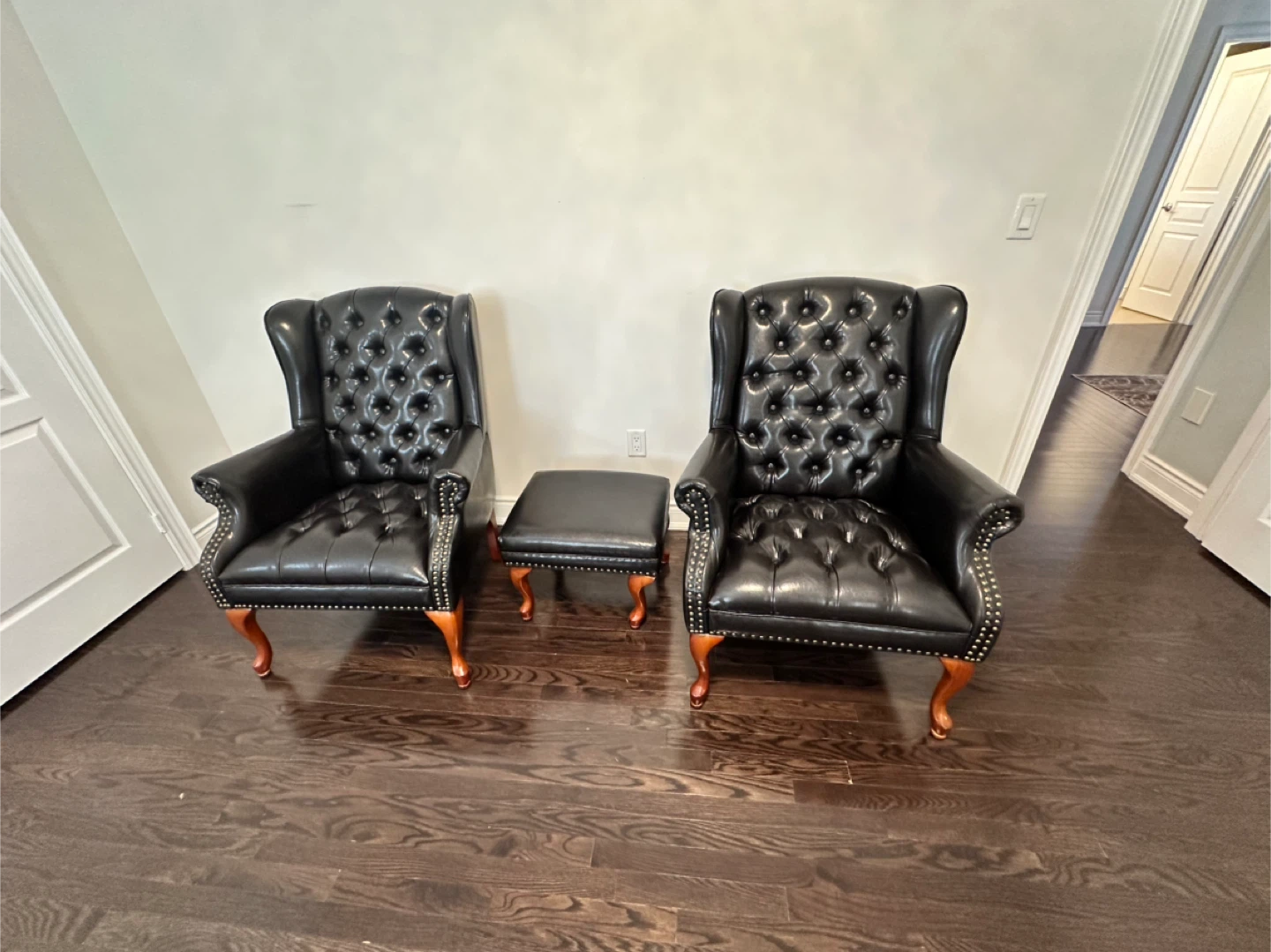 Wingback Chairs & Ottoman - Black Leather
