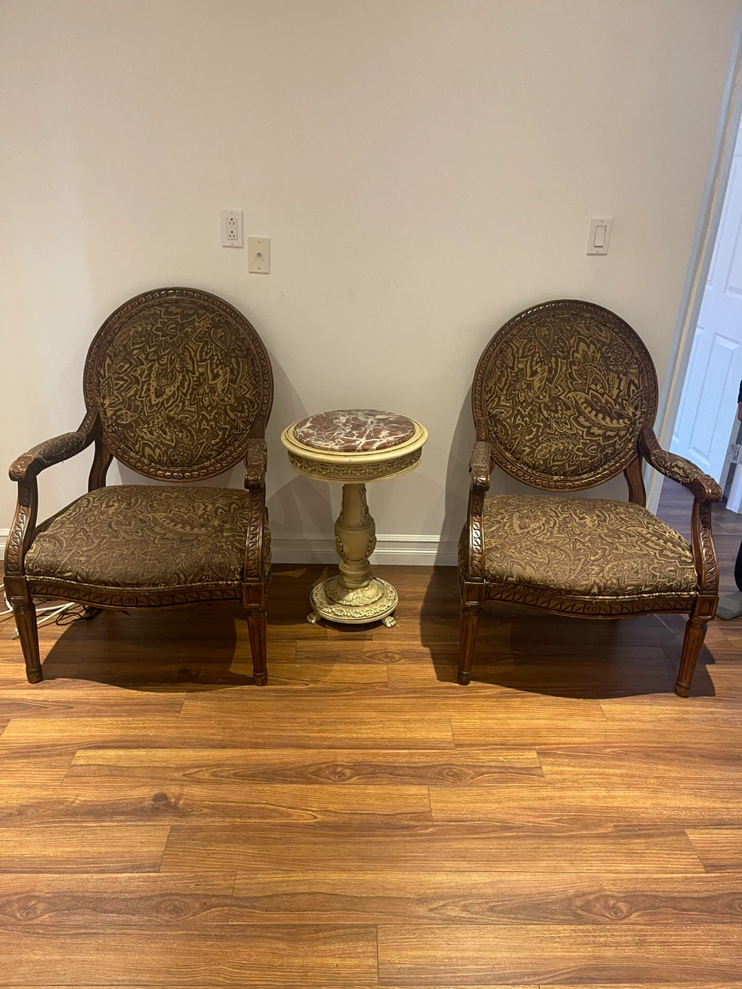 Antique Style Accent Chair - Brown Patterned Fabric