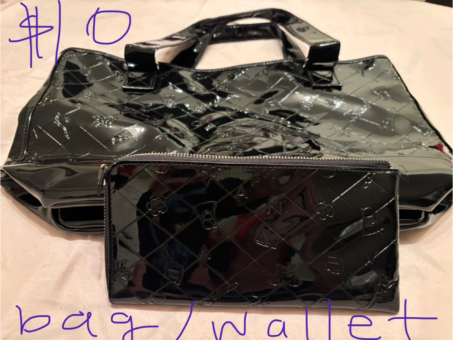 Avon Black Patent Bag and Wallet Set