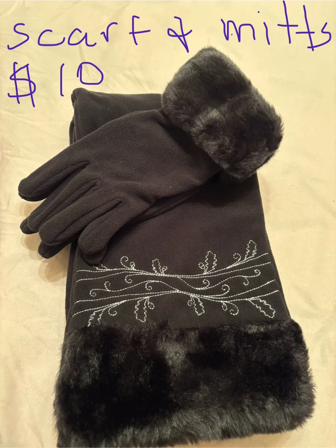 Black Scarf and Gloves Set with Faux Fur Trim thumbnail