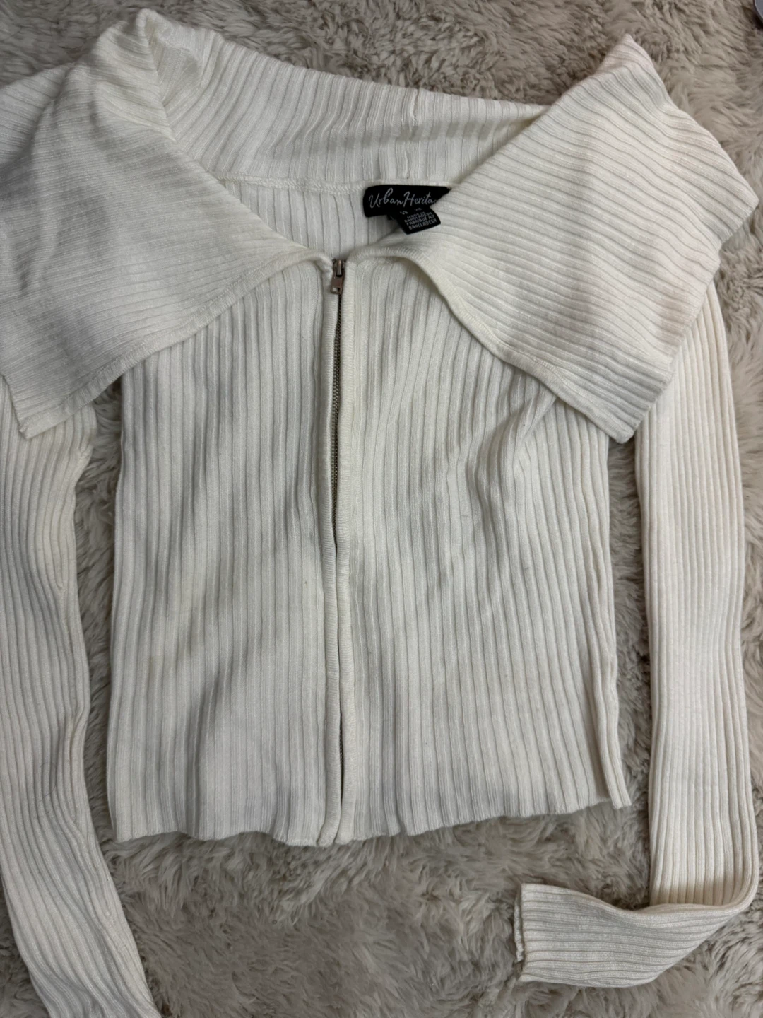 XS White Ribbed Zip Cardigan top