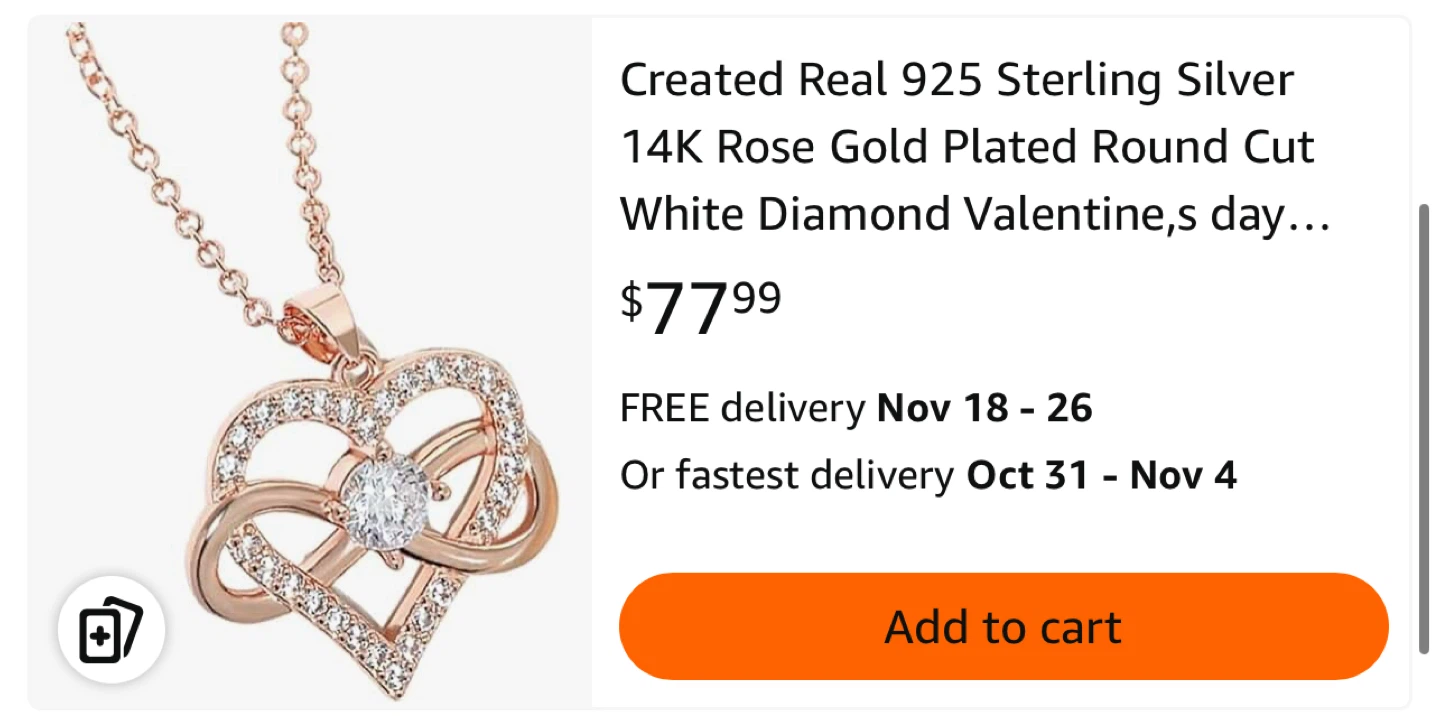14K Rose Gold Plated Sterling Silver Diamond Necklace