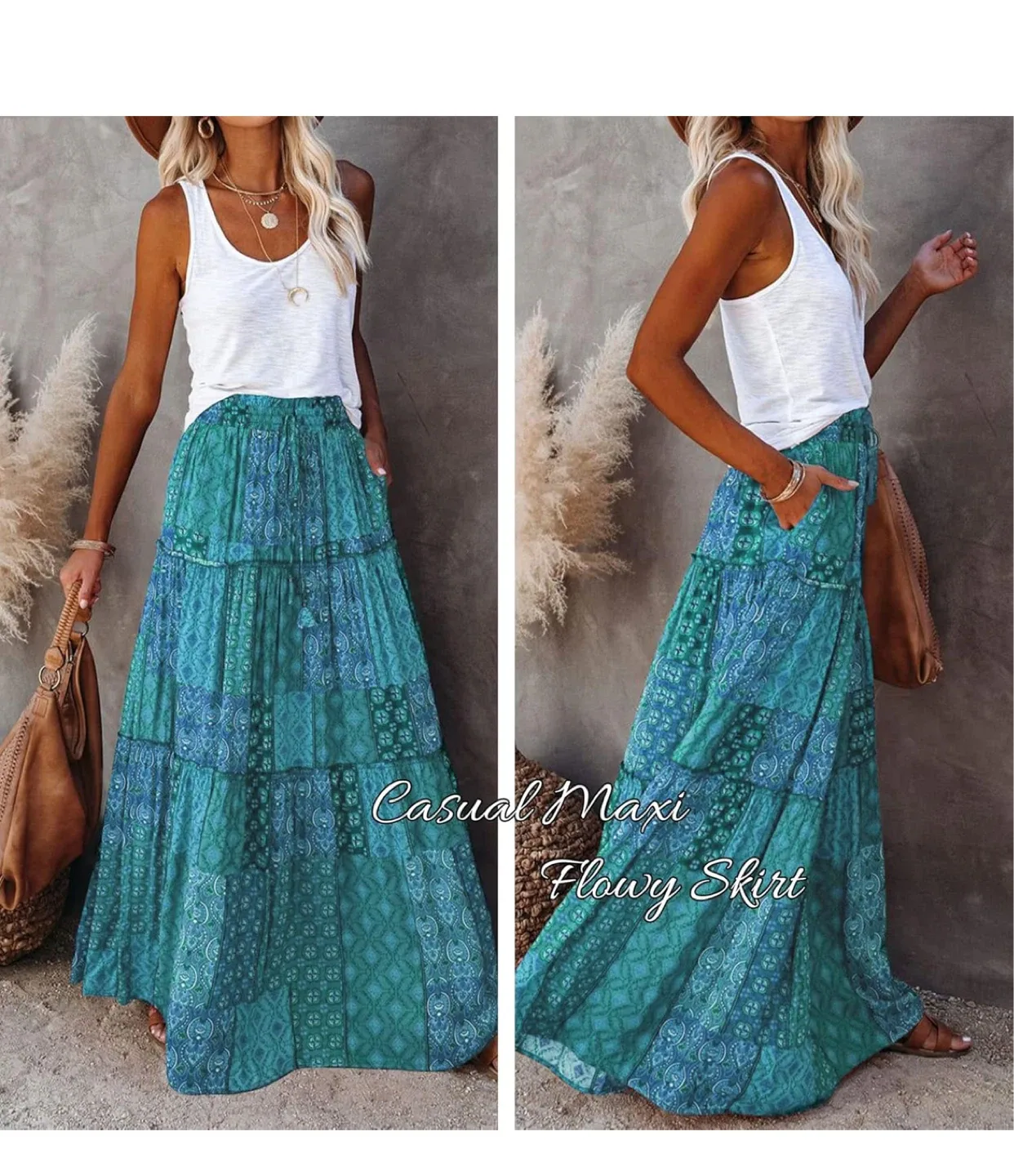 Boho Maxi Skirt - Blue/Green Pattern image indicator(3)