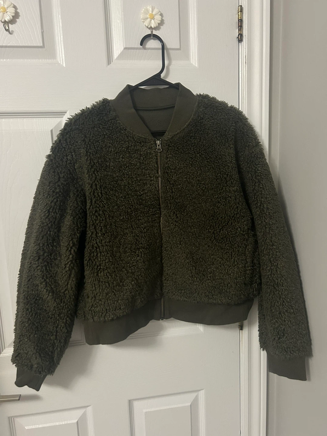 Olive Green Fuzzy Bomber Jacket