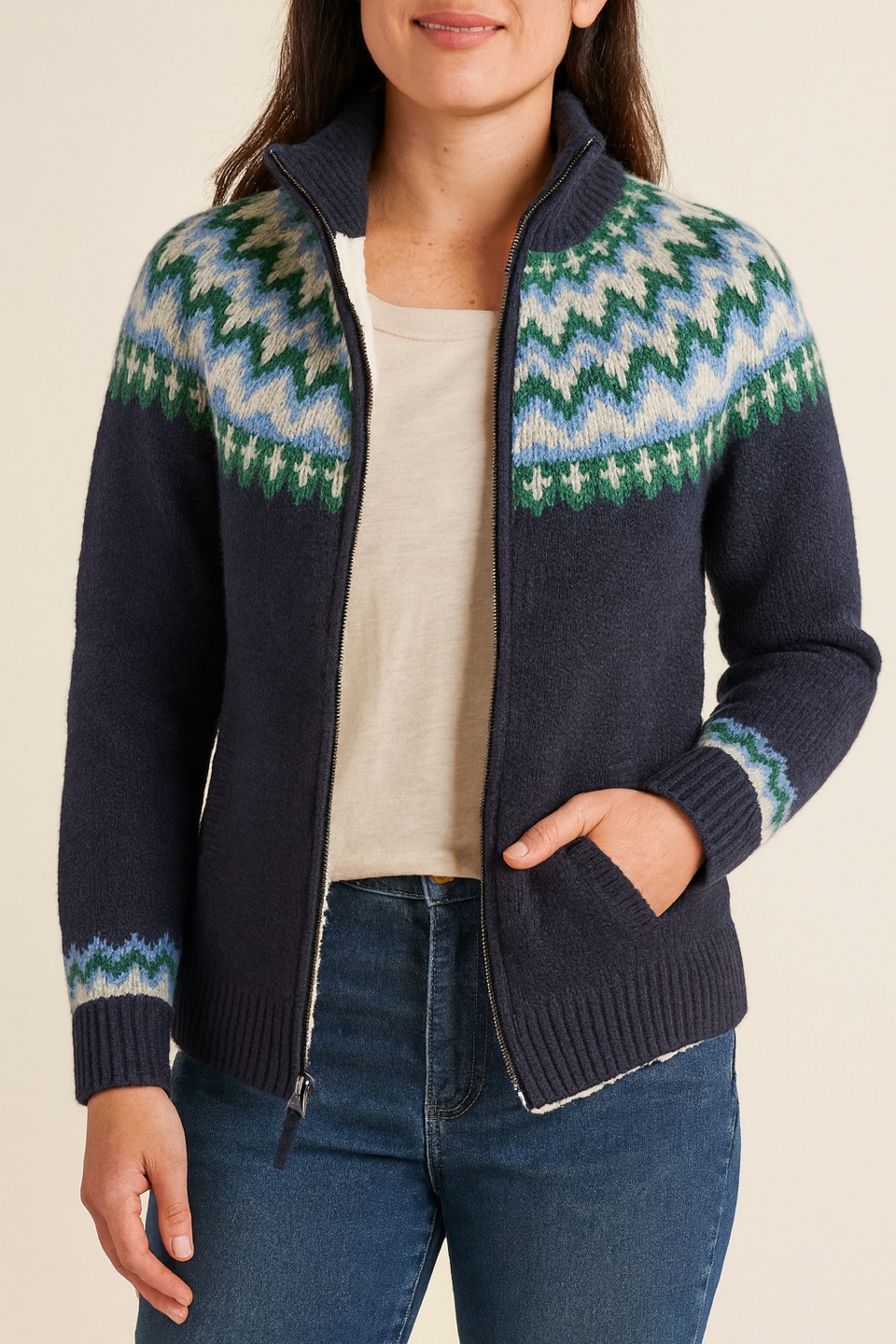 L.L.Bean Fair Isle Full-Zip Cardigan - Bright Navy, M